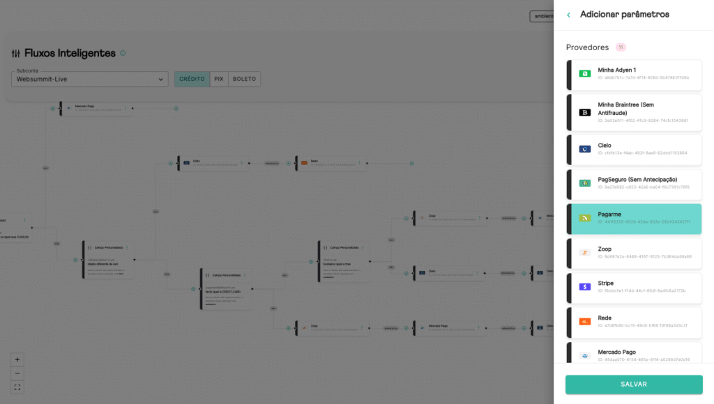 Na área de fluxos de pagamentos é possível alterar provedores de forma imediata.
